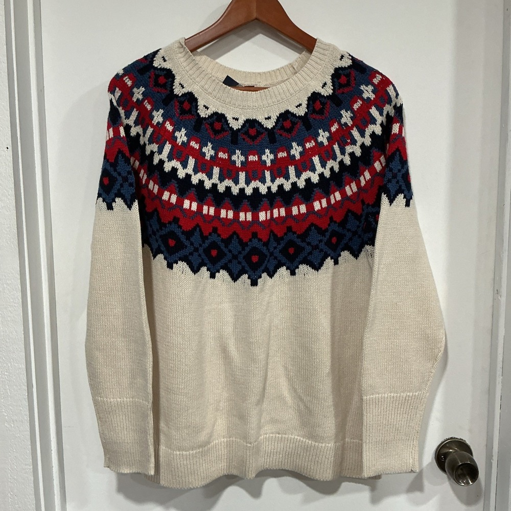 Chaps Fair Isle Crewneck Sweater, Cream, Blue, Red, Large, NWT, Nordic, Festive